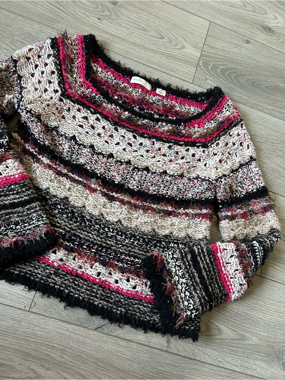 SLEEPING ON SNOW Anthropologie Mixed Media Crochet Boho Sweater Size Medium